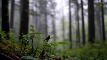 Serene forest atmosphere with misty backdrop and small foliage capturing tranquil nature photo