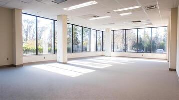 Bright Empty Office Space with Large Windows and Natural Light Flooding In photo