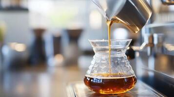 Pouring Freshly Brewed Coffee into Glass Chemex Dripper for Authentic Craft Experience photo