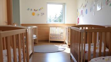 Bright and Inviting Nursery Room with Wooden Cribs and Sunlight Streaming Through Window photo