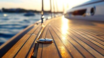 Sunset reflecting off polished yacht deck with serene ocean background photo