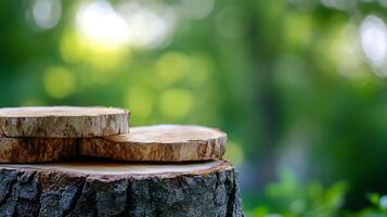 Rustic Wooden Tree Slices against Soft Bokeh Background in Nature photo
