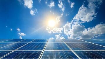 Solar Panels Under Blue Sky with Sun and Clouds Solar Energy Source photo