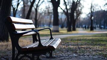 Serene Empty Park Bench in Quiet Autumn Park at Dusk photo