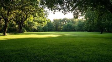 Lush Green Park with Sunlight Through Trees Perfect for Relaxation Themes photo