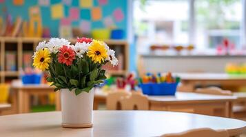 Vibrant classroom interior with daisy flowers on round table colorful and inviting preschool setting photo