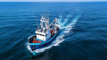 Commercial Fishing Boat Navigating the Open Sea with Trawling Nets Deployed photo