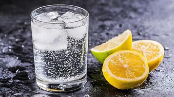 Chilled sparkling water with fresh lemon slices serving on dark textured surface photo