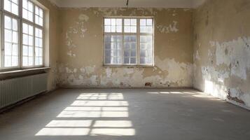 Abandoned Rustic Room With Textured Walls and Natural Light Through Large Windows photo