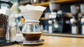 Elegant Pour Over Coffee Maker with Drip Filter in Cozy Cafe Setting photo