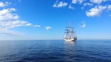 Expansive ocean view with historic tall ship sailing under a vibrant blue sky photo