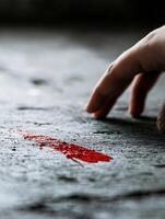 Mysterious hand reaching towards red paint streak on textured surface photo