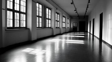 Tranquil Empty Corridor with Large Windows and Soft Lighting photo