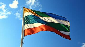 Colorful Diverse Flag Against Clear Sky Representing Multiple Nations and Unity photo