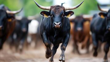 Dynamic Herd of Bulls Running with Powerful Energy in Natural Farm Setting photo