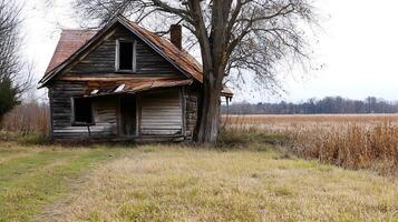 Abandoned Rustic House in Rural Field with Bare Tree and Overcast Sky photo