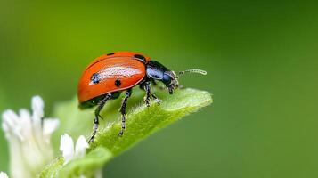 Intimate Focus on Red Ladybug on Leaf with Soft Focus Background photo