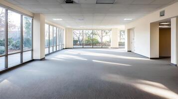 Modern empty office space with floor to ceiling windows illuminating beige carpet flooring photo