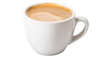 Close-up of a steaming cup of coffee with smooth crema in a white cup on a white background photo