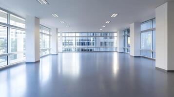 Spacious Modern Open Plan Office Space with Natural Light and Large Windows for Creative Workspace photo