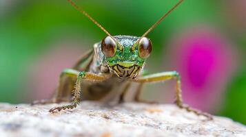 Closeup Image of a Vibrant Green Grasshopper on a Rock Capturing Intricate Details and Colors photo