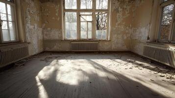 Sunlit Abandoned Room with Peeling Wallpaper and Window Shadow Creating an Eerie Atmosphere photo