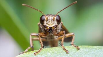 Macro Image of a Curious Grasshopper Facing the Camera on a Leaf photo