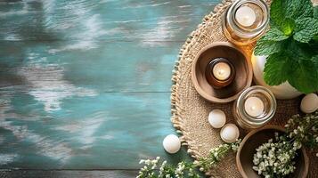 Relaxing Spa Setting with Candles and Aromatic Herbs on Rustic Table photo