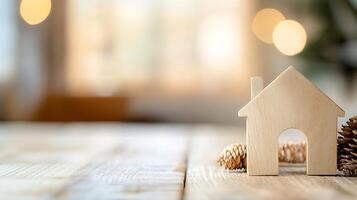 Minimalistic Wooden House Model on Rustic Table with Warm Bokeh Background photo