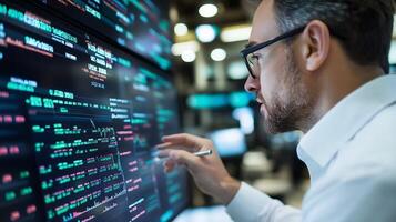 Focused Data Analyst Working With Interactive Digital Screens In Office photo