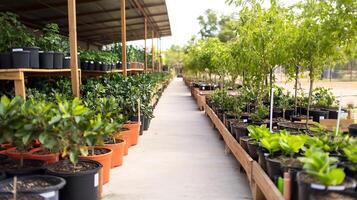 Vibrant plant nursery with various potted plants on display under an open-air shade structure photo