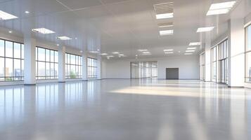 Vast modern open office space with large windows and bright lighting suitable for business settings photo