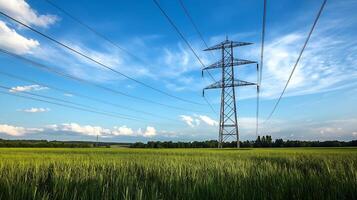 Power Lines Towering Over Green Field Against a Blue Sky Backdrop photo
