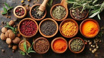 Assortment of Colorful Spices and Herbs in Wooden Bowls on Rustic Table Surface photo