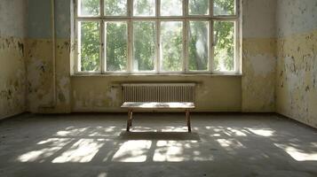 Abandoned Room with Peeling Walls and Large Windows photo