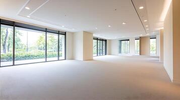 Spacious Modern Empty Office Interior with Large Windows and Natural Light photo