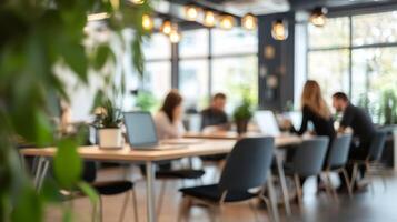 Trendy Modern Coworking Space with Open Layout and Blurred Background photo