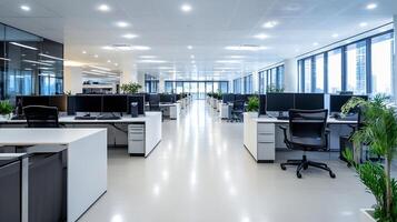 Contemporary open office space with rows of desks computers and green plants in city skyscraper photo