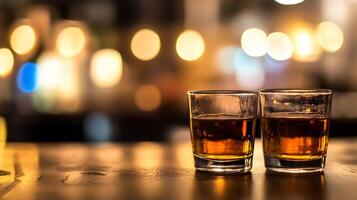 Two Glasses of Whiskey on a Bar Counter with Bokeh Background photo