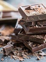 Stacked Chunks of Dark Chocolate with Crumbled Topping on Dark Rustic Surface photo