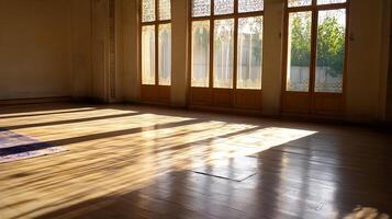 Sunlit Empty Room with Large Windows and Hardwood Floors in Serene Setting photo