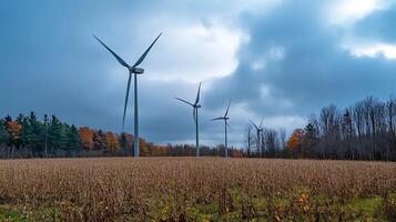 Wind Turbines in Autumn Field Under Moody Cloudy Sky photo