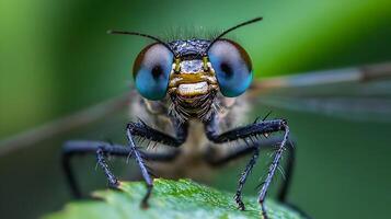 Macro Shot of Vibrant Blue-Eyed Insect on Leaf from Front View with Detail on Enchanting Texture and Colors photo
