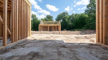 Framed structure of a new house with wide open sky on a sunny day at a construction site photo