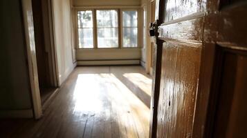 Sunlit Empty Room with Wooden Floors and Open Door Creating Inviting Warm Atmosphere photo