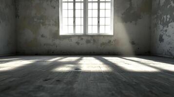 Sunlit Empty Room with Peeling Walls and Large Window Casting Shadows photo