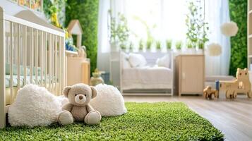 Tranquil Green Nursery Adorned with Plush Teddy and Organic Decor Creating a Fuzzy Warmth photo