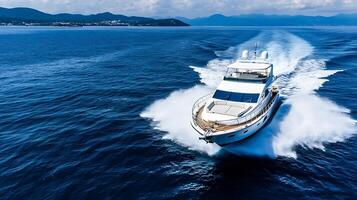 High-speed motor yacht cruising on open sea creating dynamic waves photo