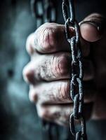 Strong Hand Holding Rusty Chains Symbolizing Strength and Resilience in Adversity photo