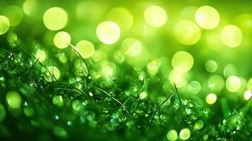 Vibrant Closeup of Dew Covered Grass with Soft Green Bokeh Background for Nature Themes photo